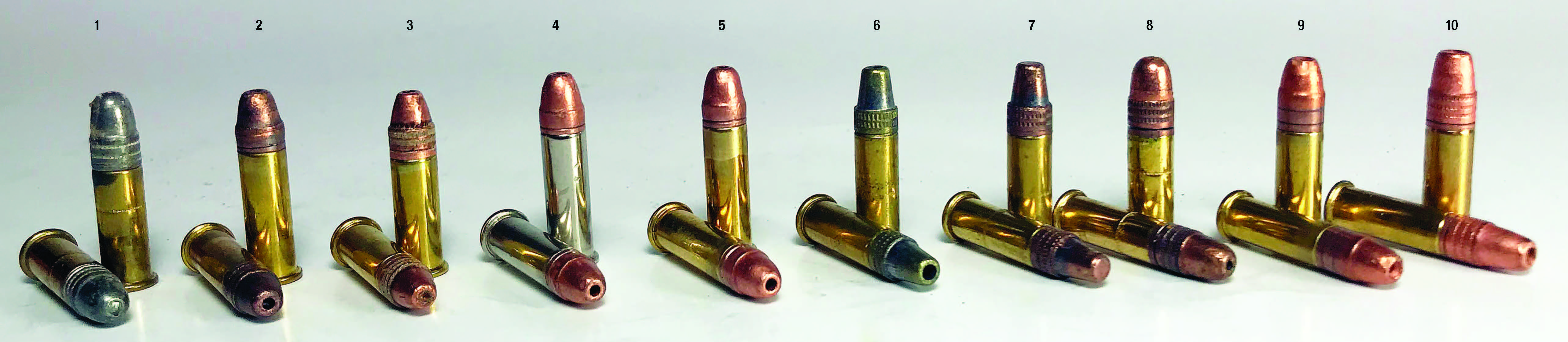 This lineup of 22 LR loads provide higher velocity than regular high speed 22 LRs: (1) Winchester Varmint lead-free Tin HP, (2) Aguila Super Maximum HP, (3) Federal Hyper Velocity, (4) CCI Stinger HP, (5) CCI Segmented HP, (6) Remington Yellow Jacket HP, (7) Remington Viper Solid, (8) Winchester Varmint High Energy HP, (9) CCI Velocitor, (10) Winchester Power-Point HP.